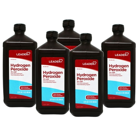 5 Pack - Leader Hydrogen Peroxide 3% USP Solution, First Aid Antiseptic, Oral Debriding Agent, 32 Fluid Ounces (1QT) 946 ML