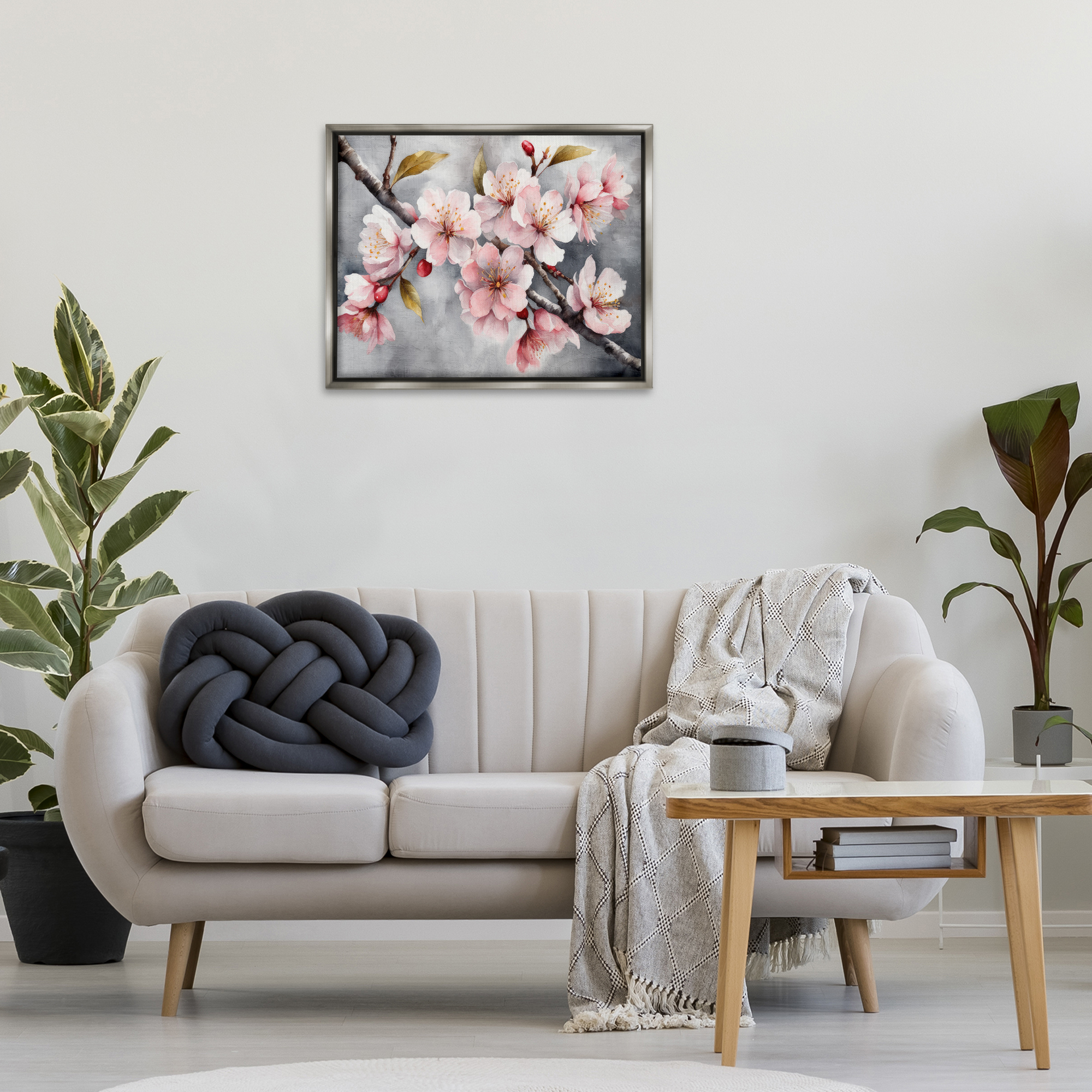 Stupell Industries Blossoms On Grey Botanical & Floral Painting Gray Floater Framed Art Print Wall Art, 31 x 25