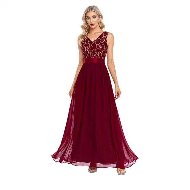 CHUANK Robe Maxi pour Femmes Économies Liquidation Aubaines Robe Femme Robes Formelles Robe de Soirée Col en V Sans Manches Robe de Fête Boîte de Nuit Grande Taille Été Décontractée Longues Robes Robe de Plage Fête Bordeaux