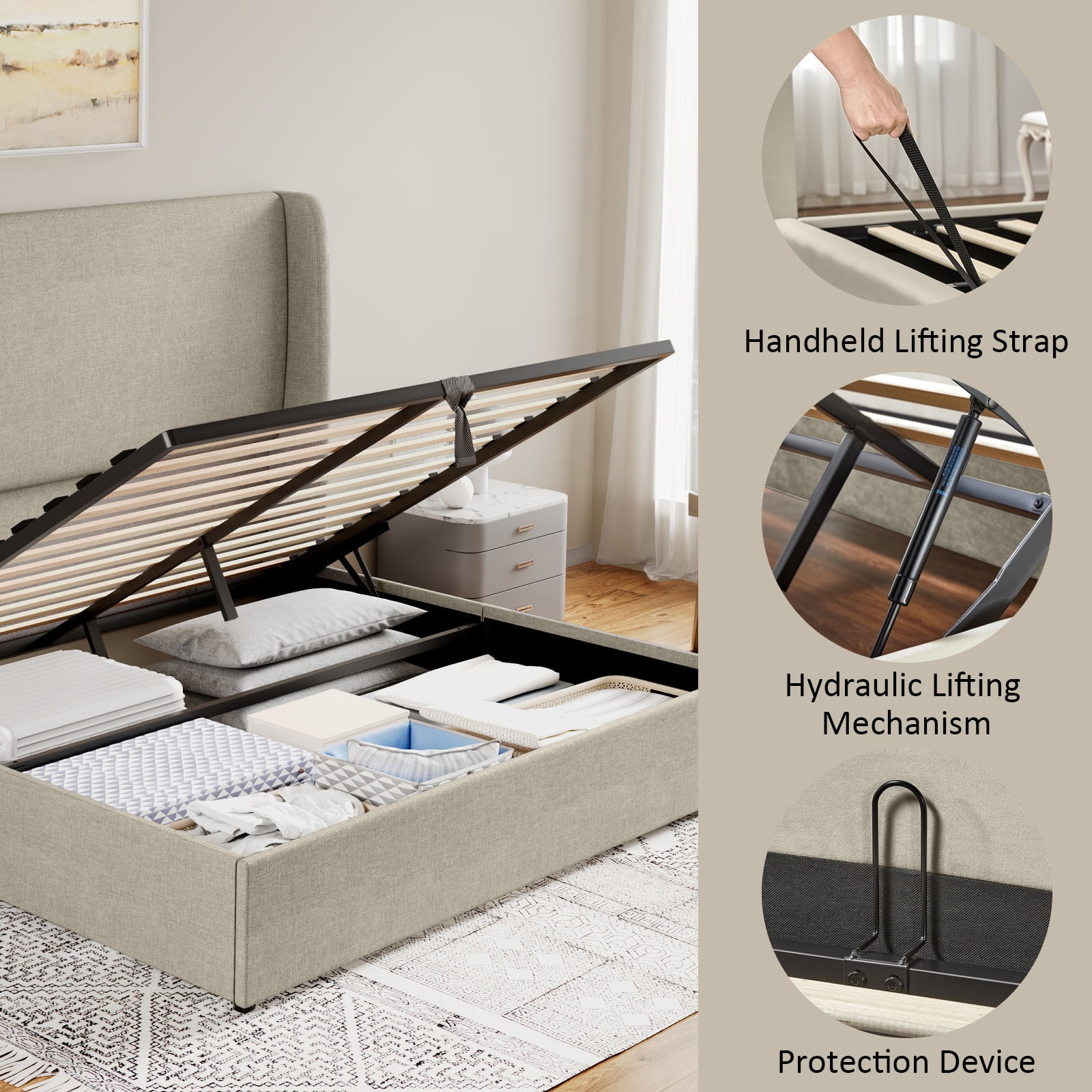Merluxy Queen Bed Frame with Lift Up Storage and Linen Upholstered/Wingback Headboard/Khaki