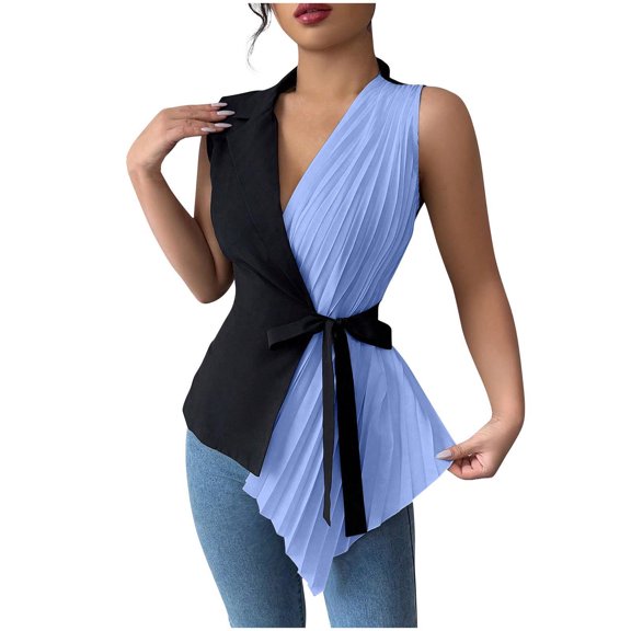 Women’s Camisole 2026 Contrasting Blouses Bandage Pleated V-Neck Fashionable Tank Top