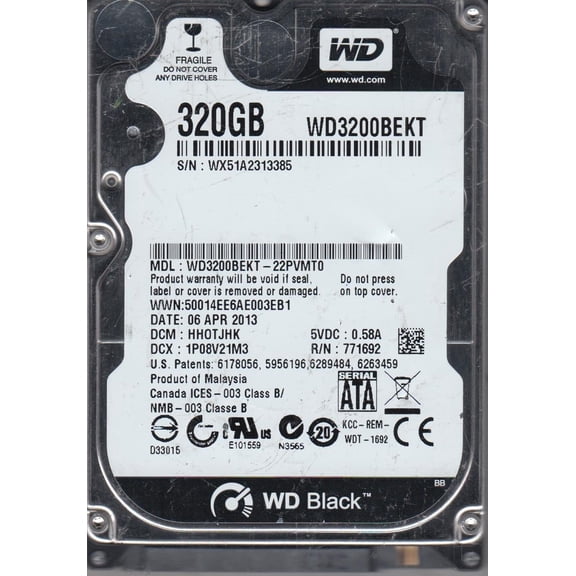 WD3200BEKT-22PVMT0, DCM HHOTJHK, Western Digital 320GB SATA 2.5 Hard Drive
