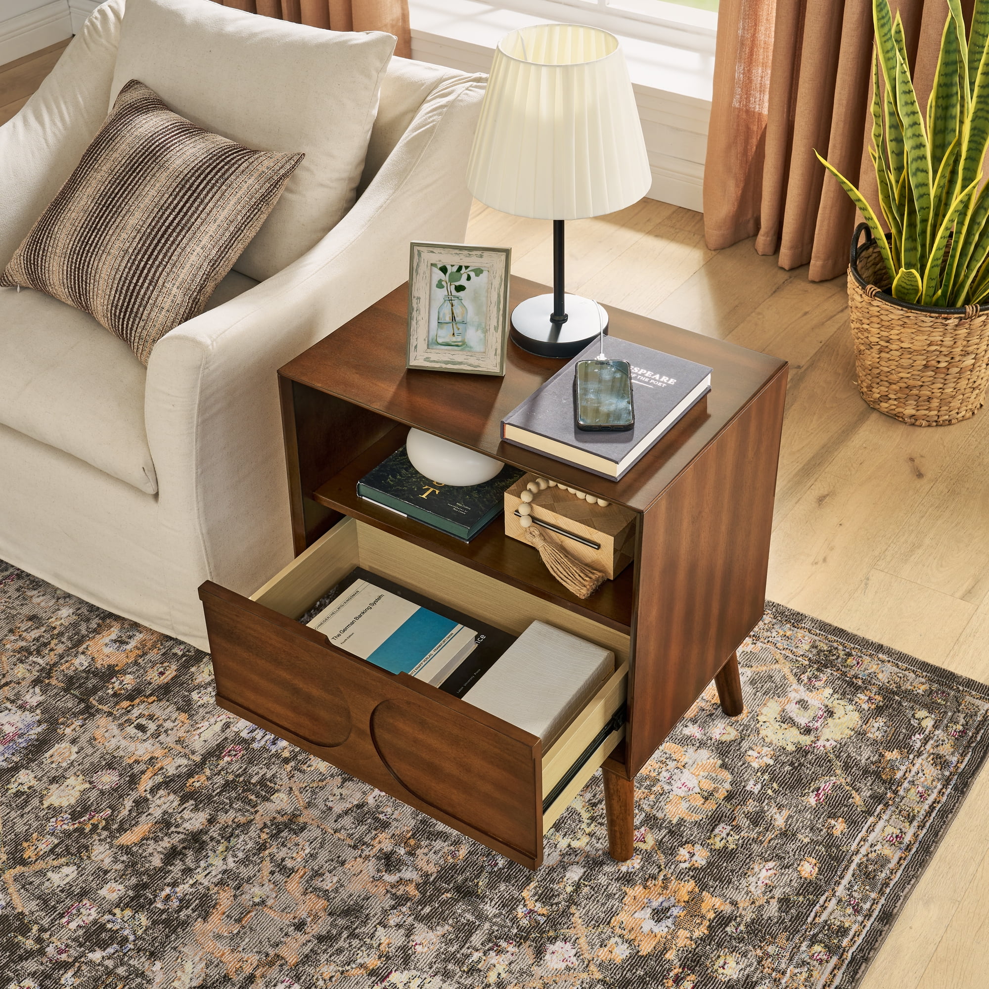 Fluted Nightstand with Charging Station 15.75x11.8x23.6 Inch 1 Drawer 1 Shelf for Bedroom Living Room