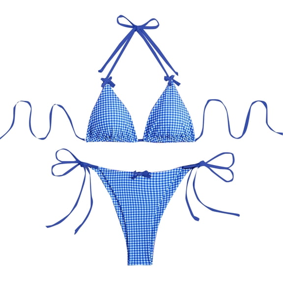 Awdenio Swimsuit for Women Plaid Gingham Bathing Suit High Waisted Halter Triangle Swimsuit Bikini Set