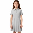 thumbnail image 6 of XRoczxe Girls Short Sleeve Polo Collar Swing Dress Ruffled Button Front Casual School Uniform Dress with Side Pockets Multiple Solid Colors Gray, 6 of 9