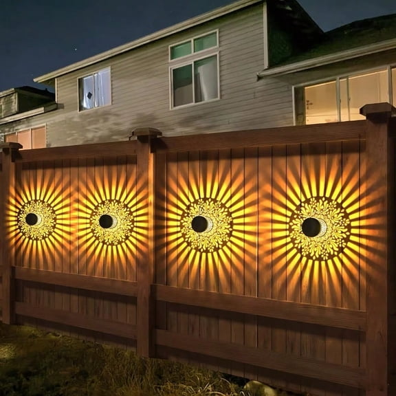 2PCS Solar Peony Wall Lights Outdoor, Warm White Metal Hollow Fence Lights for Garden Patio Yard Porch Deck Pathway Decor 