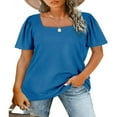 thumbnail image 1 of Womens Summer Casual Tops  Solid Color/Striped Print Short Sleeve Square Neck Simple Loose T-shirt, 1 of 5