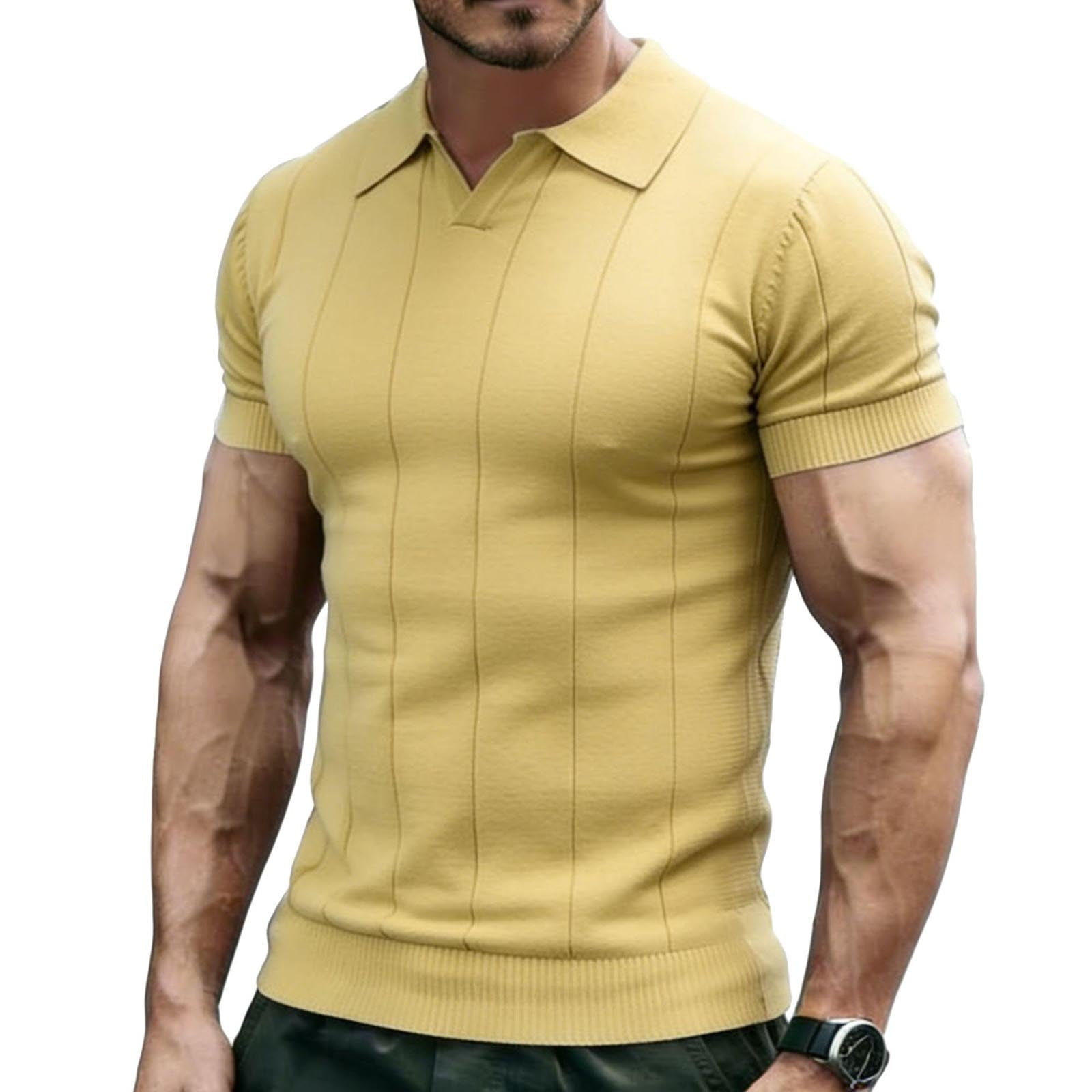 VSSSJ Mens Shirts Short Sleeve V Neck Lightweight Knit Shirt Textured Collared Solid Summer Breathable Casual Golf Shirts Knitwear Yellow L