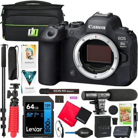 Canon EOS R6 Mark II Full Frame Mirrorless Interchangeable Lens Camera Body 5666C002 Bundle with Deco Gear Photography Bag + Microphone + Monopod + Software & Accessories Kit