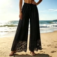thumbnail image 2 of Women's Boho Lace Hem Wide Leg Palazzo Pants Drawstring Elastic Waist Loose Casual Trousers with Pockets Lightweight Lounge Beach Pants Black, 2 of 5