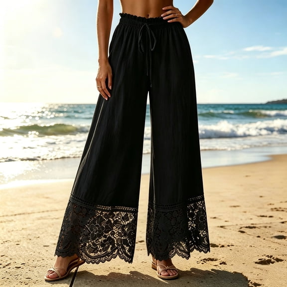 Mifsaly Wide Leg Palazzo Pants for Women High Waist Drawstring Casual Lounge Trousers Floral Lace Hem Flowy Beach Vacation Boho Bottoms Black,M
