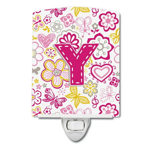 Caroline's Treasures CJ2005-YCNL Letter Y Flowers and Butterflies Pink Ceramic Night Light, 6x4x3", multicolor
