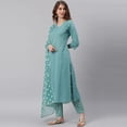 thumbnail image 4 of Janasya Indian V-Neck 3/4 Sleeve Striped Turquoise Cotton Kurta With Pant And Dupatta For Women, 4 of 9