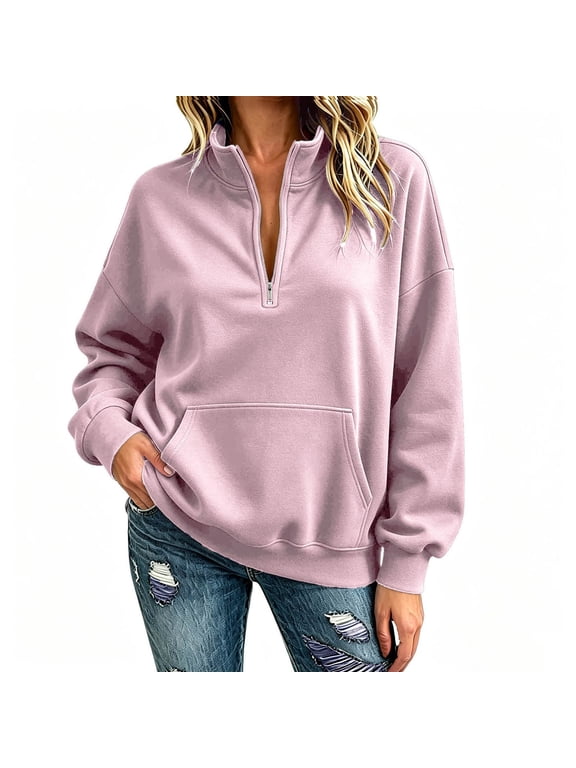 Quarter Zip Pullover Women Solid Color Collared Sweatshirts Loose Comfy Sweatshirt with Pockets XXL