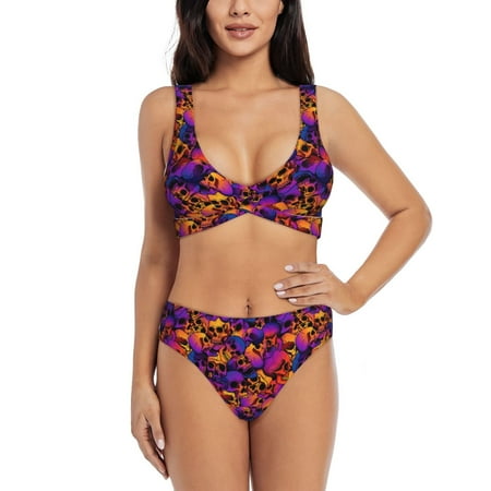 Zeuib Skull High Waisted Tummy Control Bikini Set - Knot Front Push Up Top & Cheeky Thong Bottom  Two-Piece Swimsuit for Women-Small