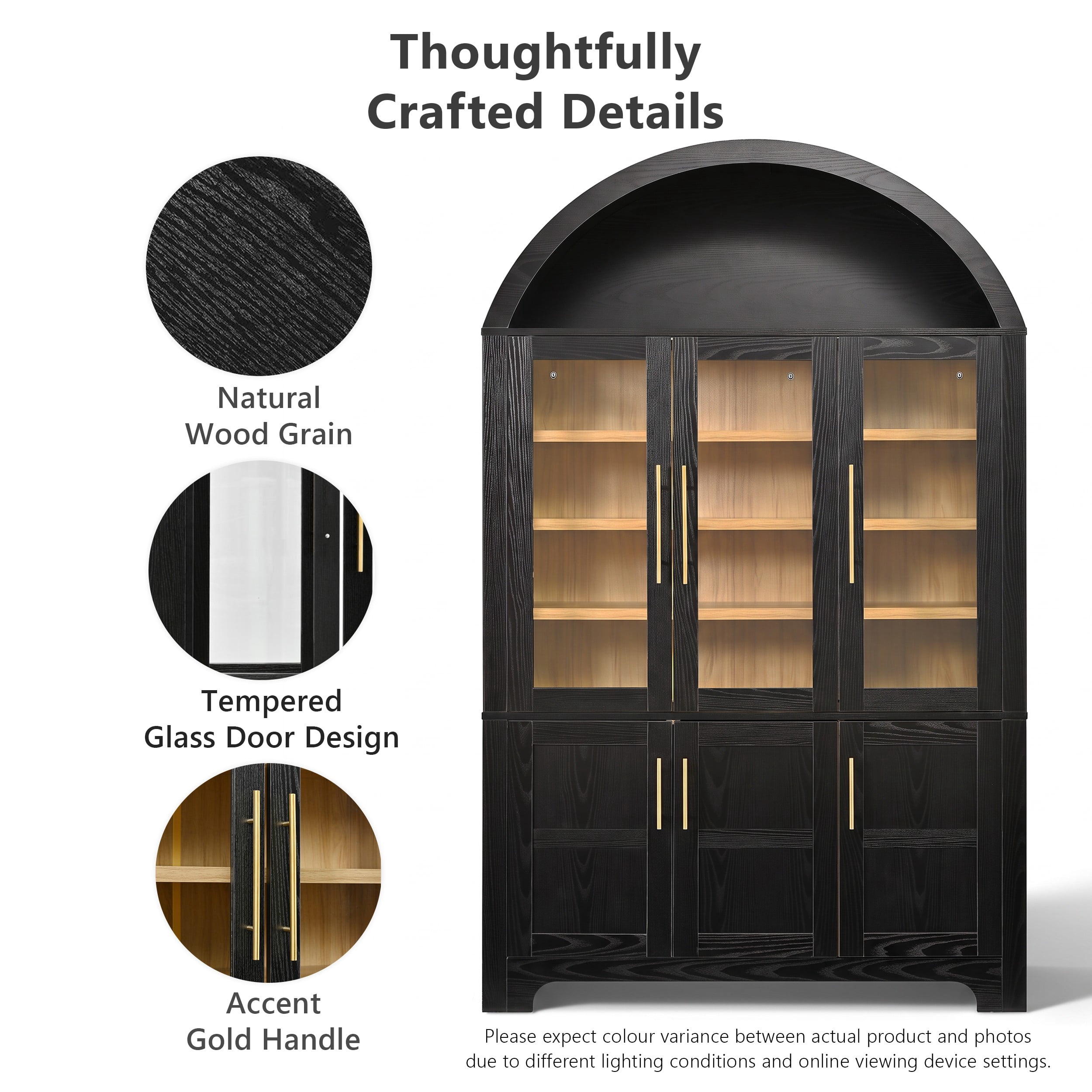 Aukfa 73" Arched Pantry Cabinet with 3 Glass Doors, Adjustable Shelves for Kitchen & Dining Room, Black