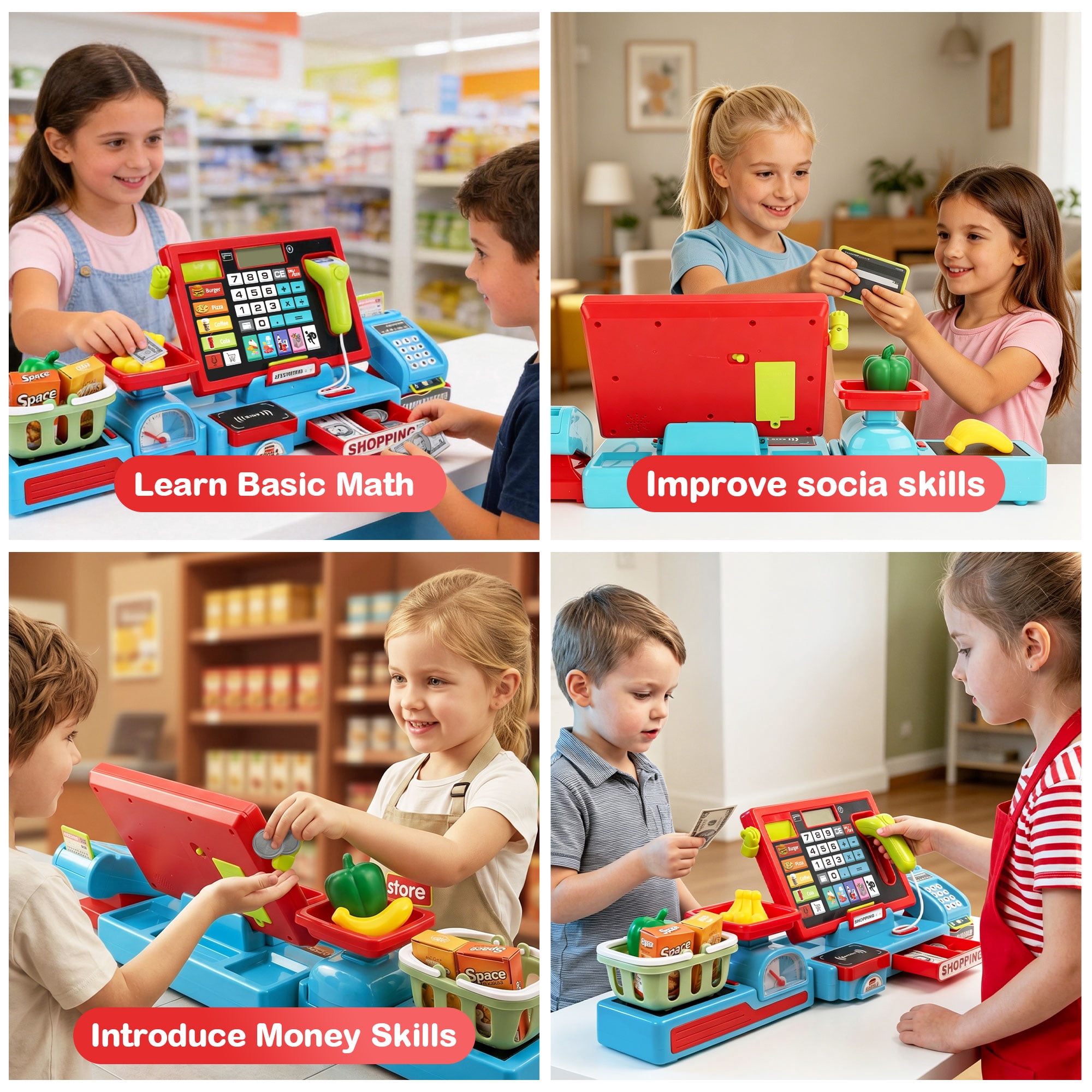 Cash Register Toy for Kids, Pretend Learning Play Set with Sound Music /Scanner /Microphone /Credit Card /Play Money