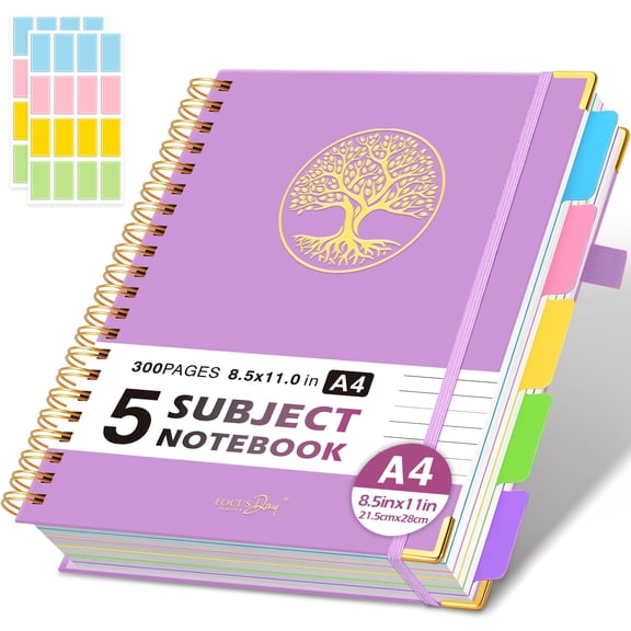 NIRMIRO A4 5-Subject Spiral Notebook, 8.5"x11", College Ruled with Removable Tabs, 300 Pages 100GSM Thick Paper & Inner Pocket for Writing