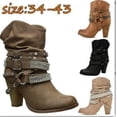 thumbnail image 4 of Botas vaqueras de mujer para invierno, botas de caballero de tubo medio, 2020, cinturón romano retro para mujer, zapatos de cuero de tacón alto, botas vaqueras de pantorrilla ancha, 4 of 5