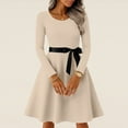thumbnail image 3 of Women's Midi Dress Long Sleeve Crew Neck Solid Color Vintage Casual Belted Waist Dress for Spring Fall Everyday Wear,Beige,L, 3 of 6