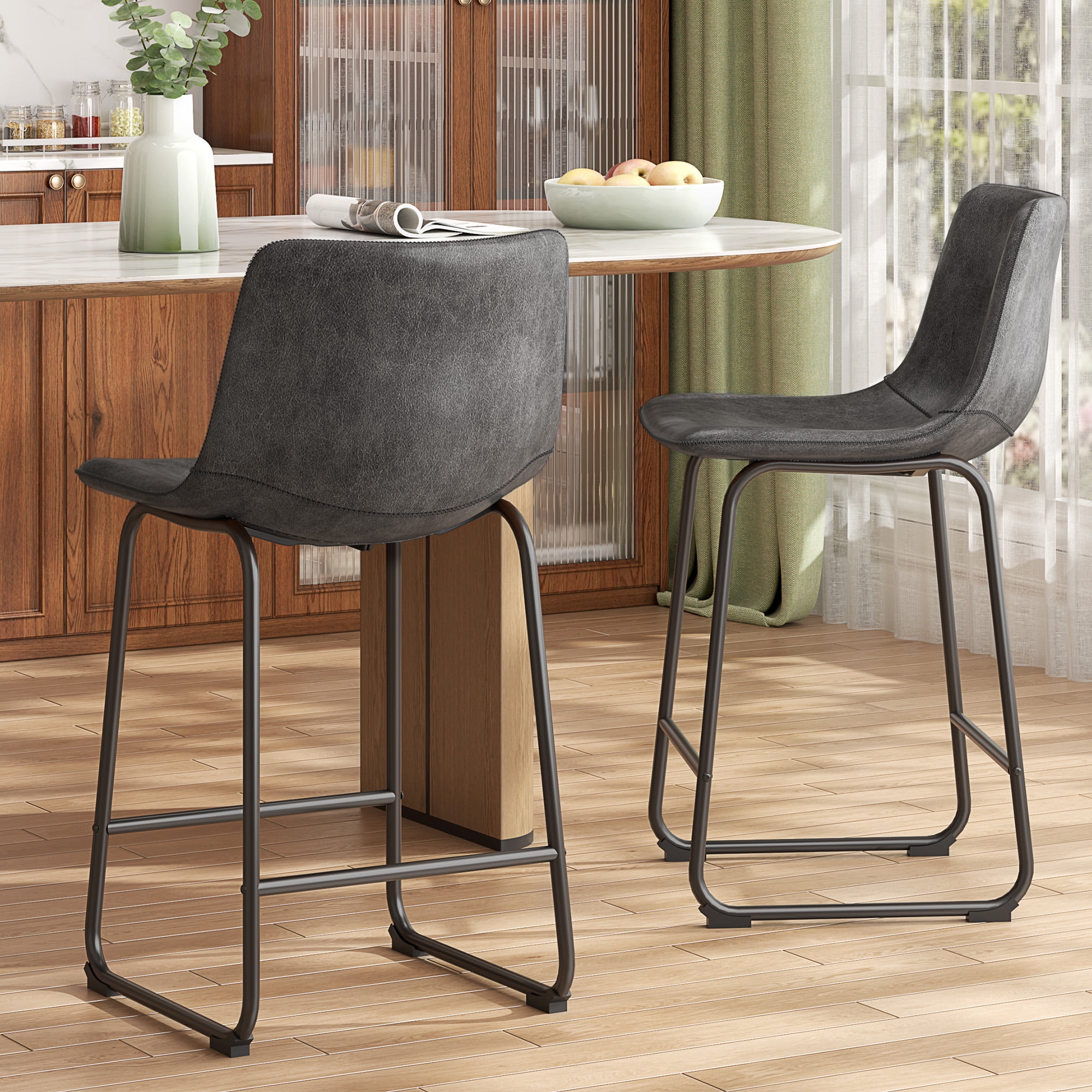 LainTene 26" PU Leather Bar Stools Set of 2 – Modern Counter Height Stools with Back, Footrest & Sturdy Metal Legs for Kitchen, Bar, Living Room, Gray