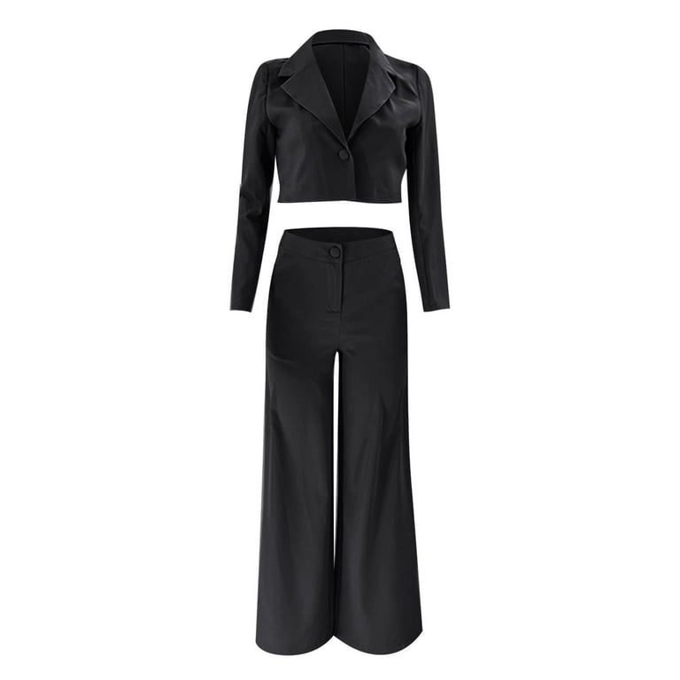 Meichang 2 PCS Set for Women Grace Lapel Collar Cropped Blazer Single  Button Jacket Loose Pants with Pocket Solid Suit Set