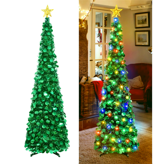 Scidweet 5 ft Pop up Christmas Trees Decorations, Collapsible Pencil Tinsel Twinkle Christmas Tree with Lights & Reflective Sequins for Indoor Outdoor Home Party Holiday Xmas Decor, Green