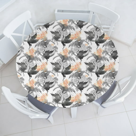 Ambesonne Bird Print Fitted Round Tablecloth, Dancing Cranes Fly Wings, 40"- 44" Diameter, Grey Dark Peach and White