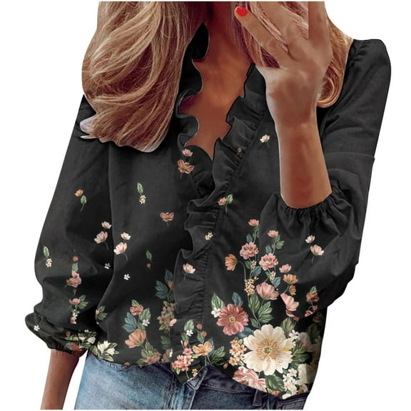 LEAVINGSUO Fall Winter V Neck Long Tops for Women, Womens Tops Clearance Women Casual Full Sleeve V-Neck Tops Loose Blouse Printing Tops