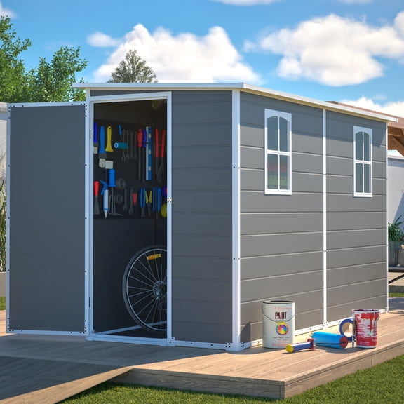 RocVanc 10x4 FT Outdoor Plastic Storage Shed with Steel Roof Garden Resin Tool Shed with Floor Base Padlockable Door and Windows for Backyard Lawn Mower Bike Tools Gray