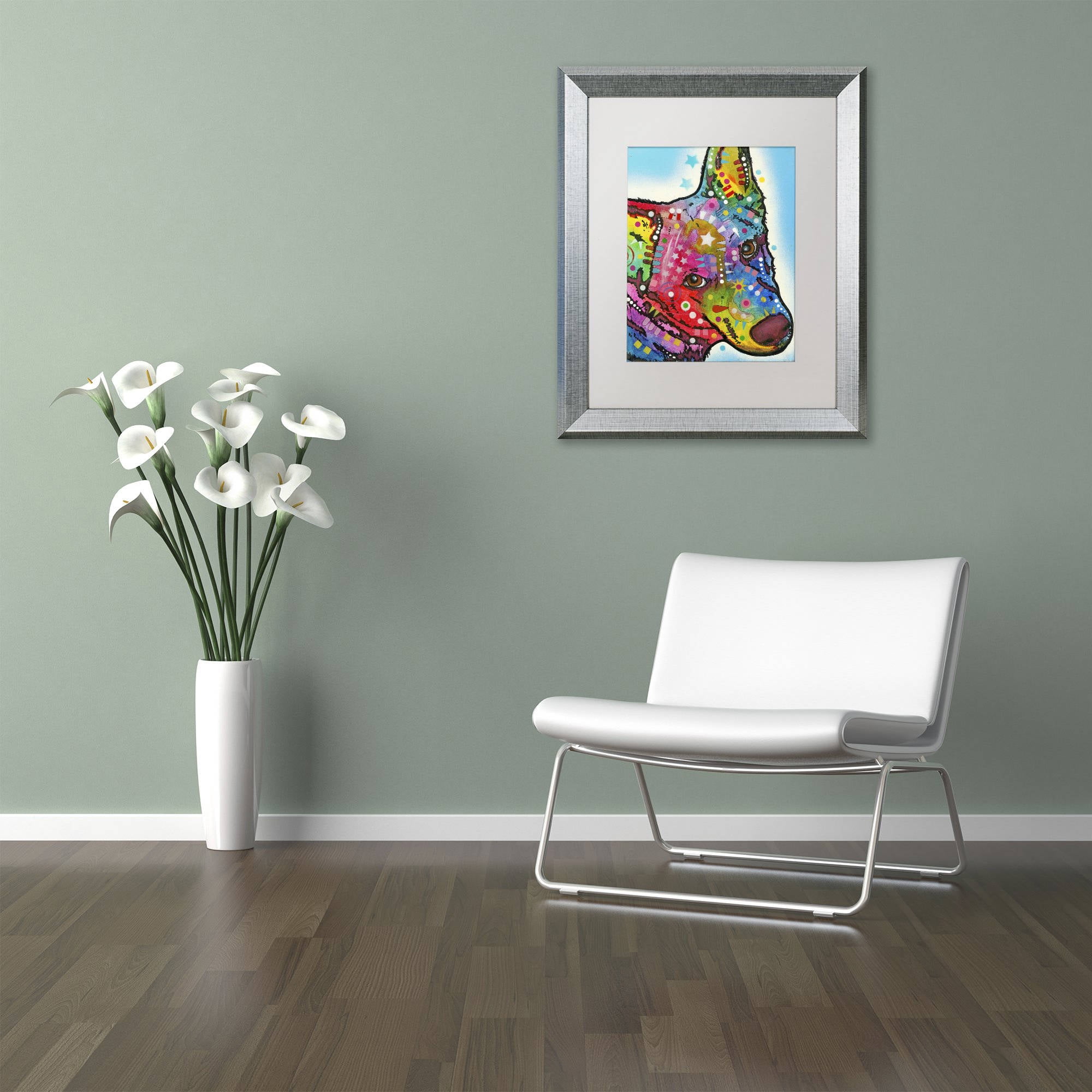 Trademark Fine Art "Aussie Sheep Dog" Canvas Art by Dean Russo, White Matte, Silver Frame