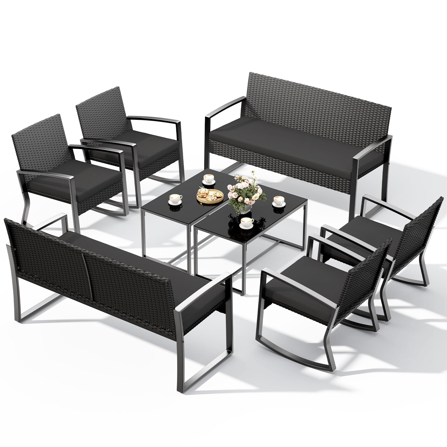Patio Furniture Set, Lofka 8 Piece Outdoor Wicker Furniture Set with Two Tempered Glass Tables for Conversation/Gathering on Porch/Backyard, Black