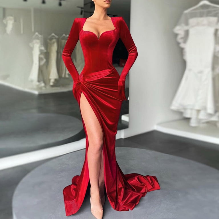 Valentine's Day Dress Red Evening Formal Party V Neck Long Sleeve High Slit Bodycon Prom Party Velvet Maxi Dress(Red/S)