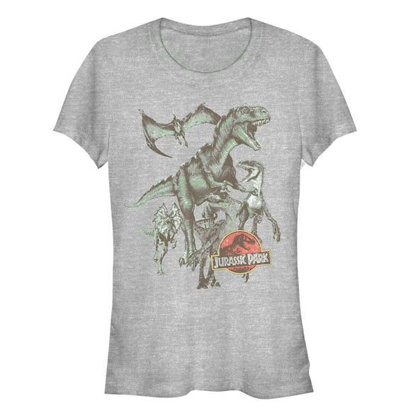 Junior's Jurassic Park Vintage Dinosaur Stampede Graphic Tee Athletic Heather Medium