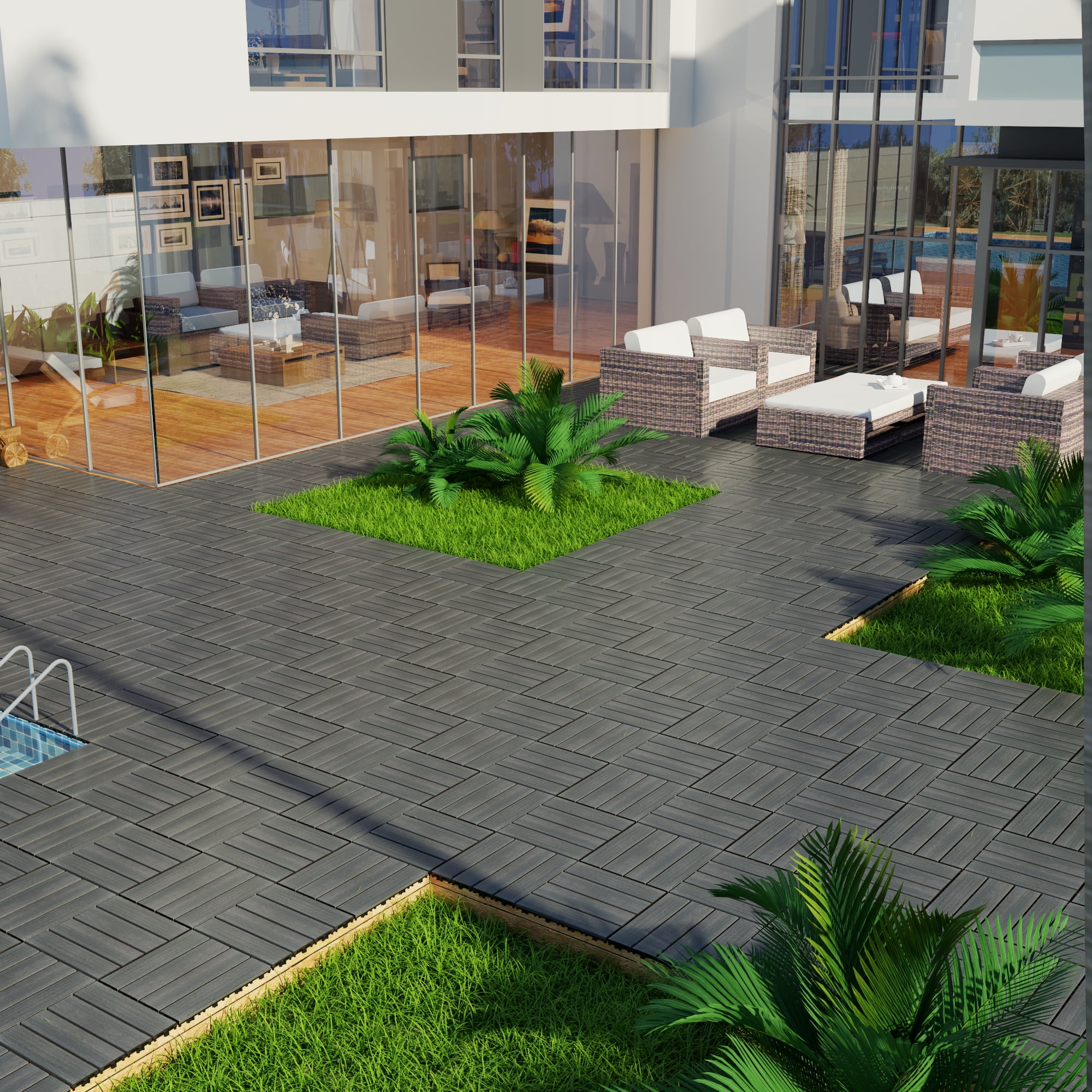 Miniyam 11 Pcs Interlocking Deck Tiles, 12" x 12", Wood-Plastic, for Outdoor Balcony Garden, Dark Gray