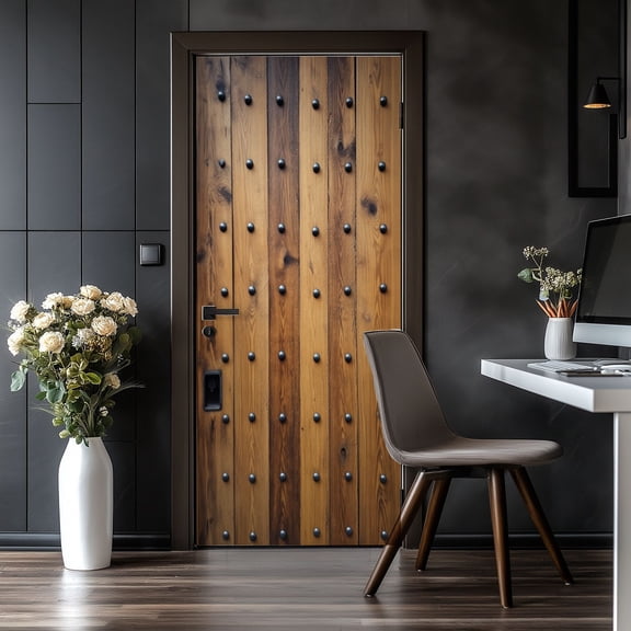 Door Stickers Peel and Stick Door Mural Wooden Studded Doors Rustic Vertical Planks Removable Wallpaper 30.3''x78.7'' Self-Adhesive Mural for Kitchen Living Room Bedroom Decor