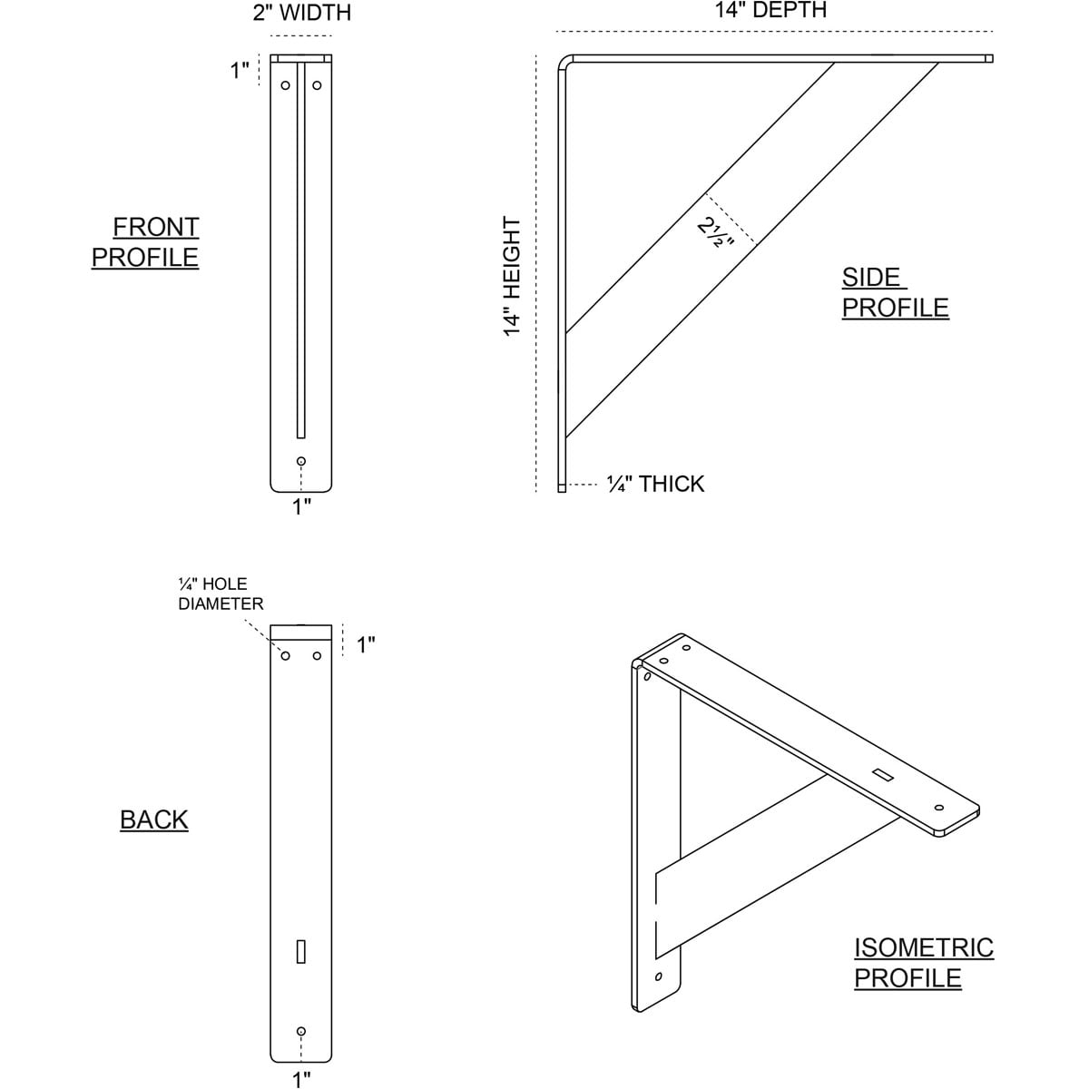 Ekena Millwork 2"W x 14"D x 14"H Traditional Bracket, Steel (4-Pack)