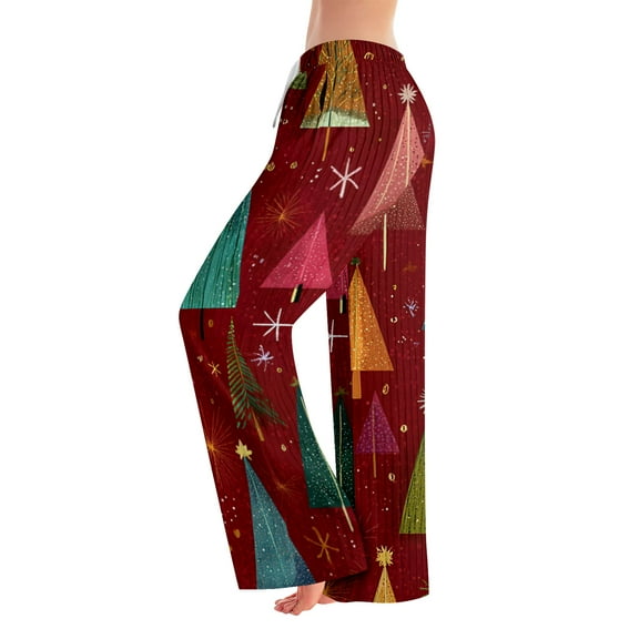 Pajama Pants, Sleepwear, Casual Drawstring Elastic Waist Pants, Comfortable Straight-leg Loose Pants with Christmas Print, Fashionable Home Bottoms for Adults, Wine, M