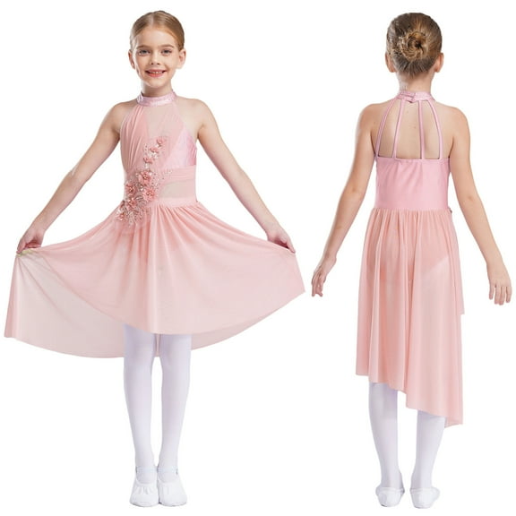 LiiYii Kids Girls Sleeveless Ballet Leotard Dress Irregular Tutu Skirt Latin Jazz Ballroom Dancing Costume Pink 8