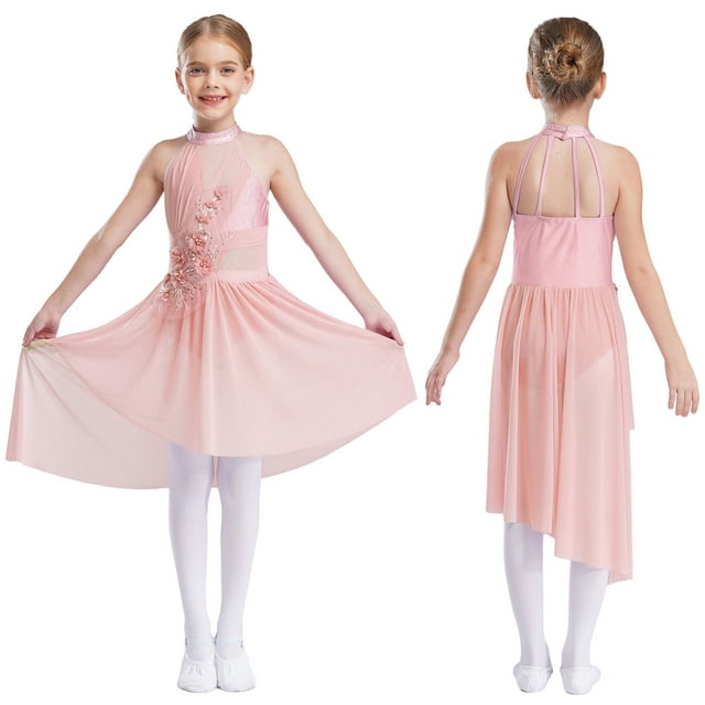 RUNQHUI Robe de Danse Ballet Sans Manches pour Filles, Ourlet Irrégulier, Jupe Tutu Latine Jazz Rose 8