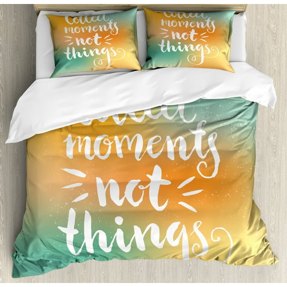 Quote King Size Duvet Cover Set, Motivational Saying Collect Moments not Things on Bicolor Background, Decorative 3 Piece Bedding Set with 2 Pillow Shams, Orange Seafoam and White, by Ambesonne