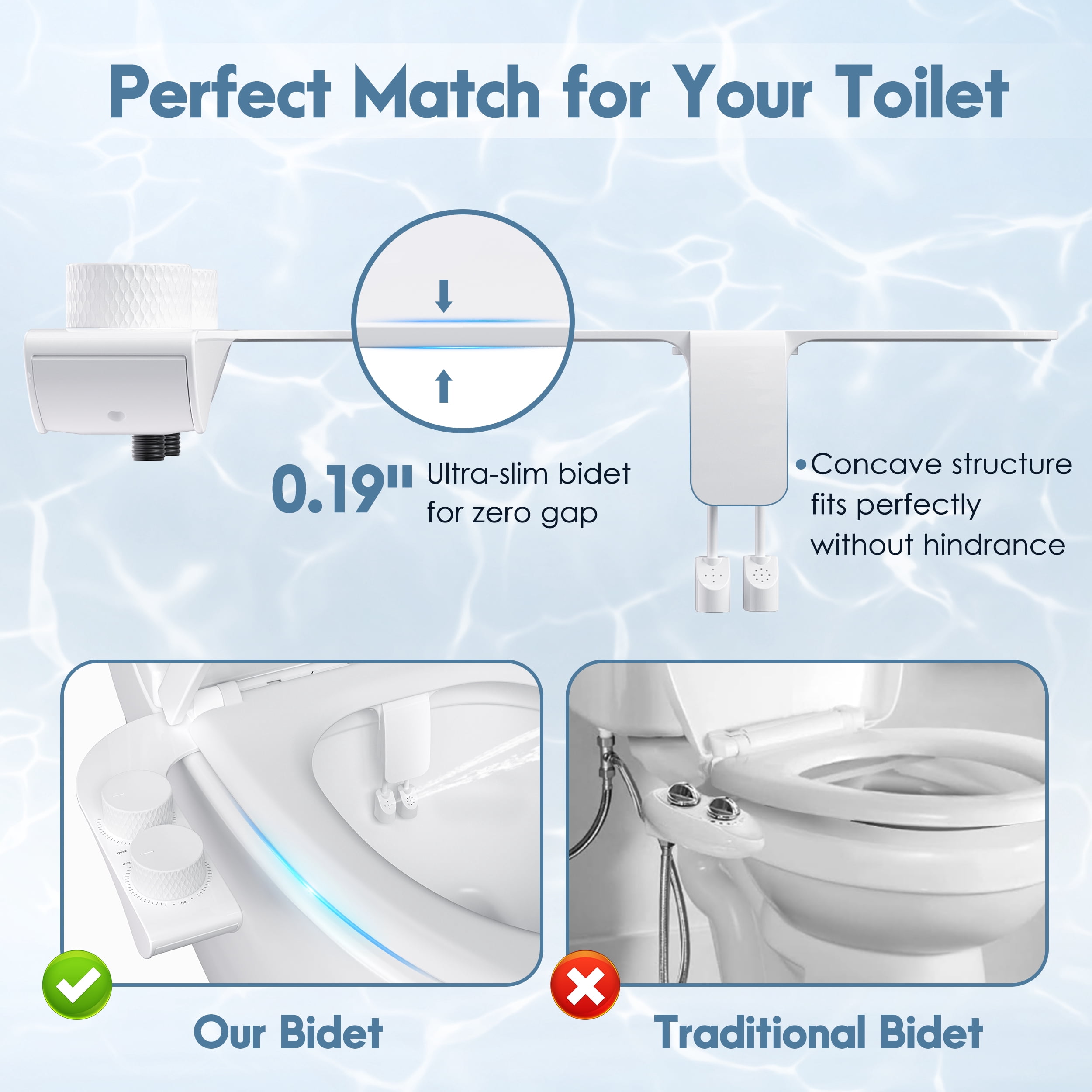 Doulami Bidet Attachment for Toilet Warm & Cold Water, Non-Electric Toilet Seat Attachment with Embedded Steel Bars, Dual Nozzle Self-Cleaning Ultra-Slim Bidet Adjustable Water Pressure