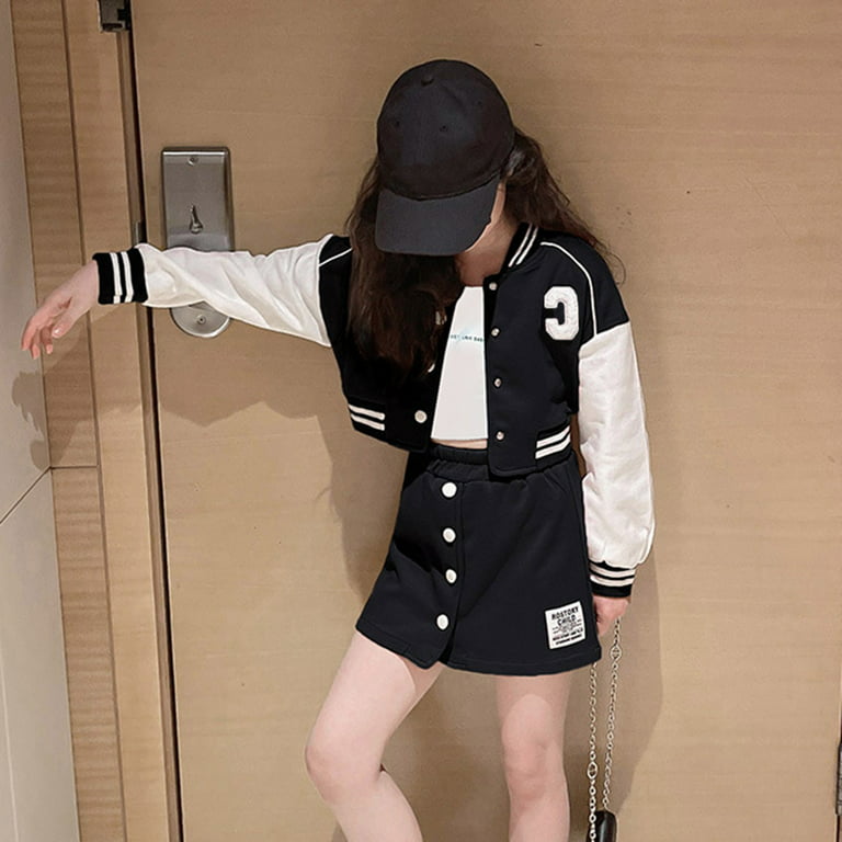 NKOOGH Girl Baseball Jacket Fall Long Sleeve Patchwork Outfit 2PCS 