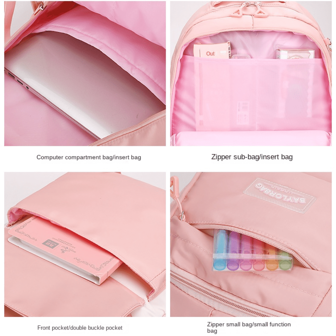 KAMUGO Girls Backpack, 2pcs Sets Kids Backpack for Girls with Anti-theft Back Pocket, Lightweight School Bookbag Water Resistant Tote Bag for Elementary Primary School, Pink S