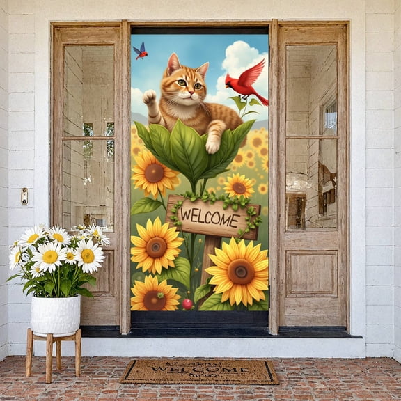 Red Cardinal Welcome Banner Pink Blossom Floral Backdrop Spring Themed Natural Bird Display for Home Decoration Garden Party Spring Event