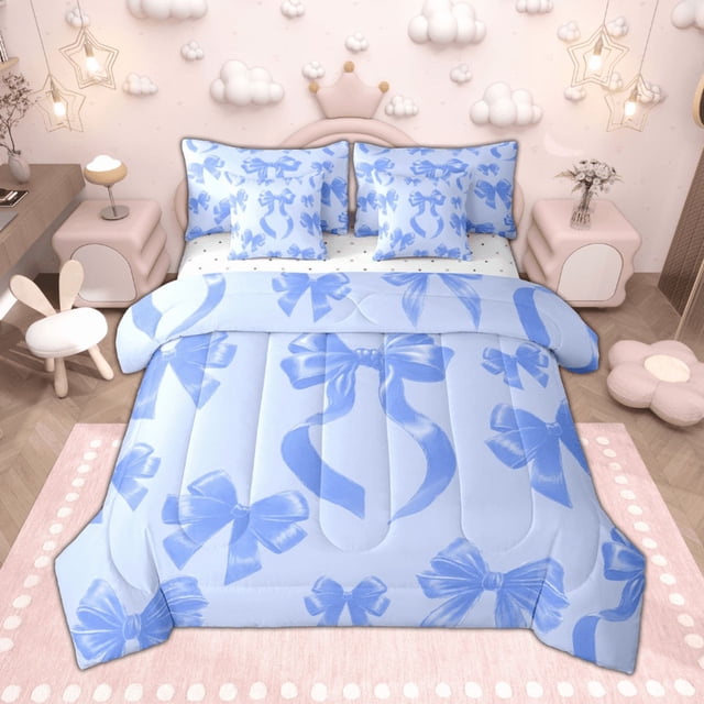 Manfei Ensembles de Literie Simple Chic à Nœud Bleu, Ensemble de Douillette à Nœud pour Filles, Ensembles de Draps Ruban de Princesse de Rêve, Déco de Chambre Super Douillette Réversible 7 Pcs