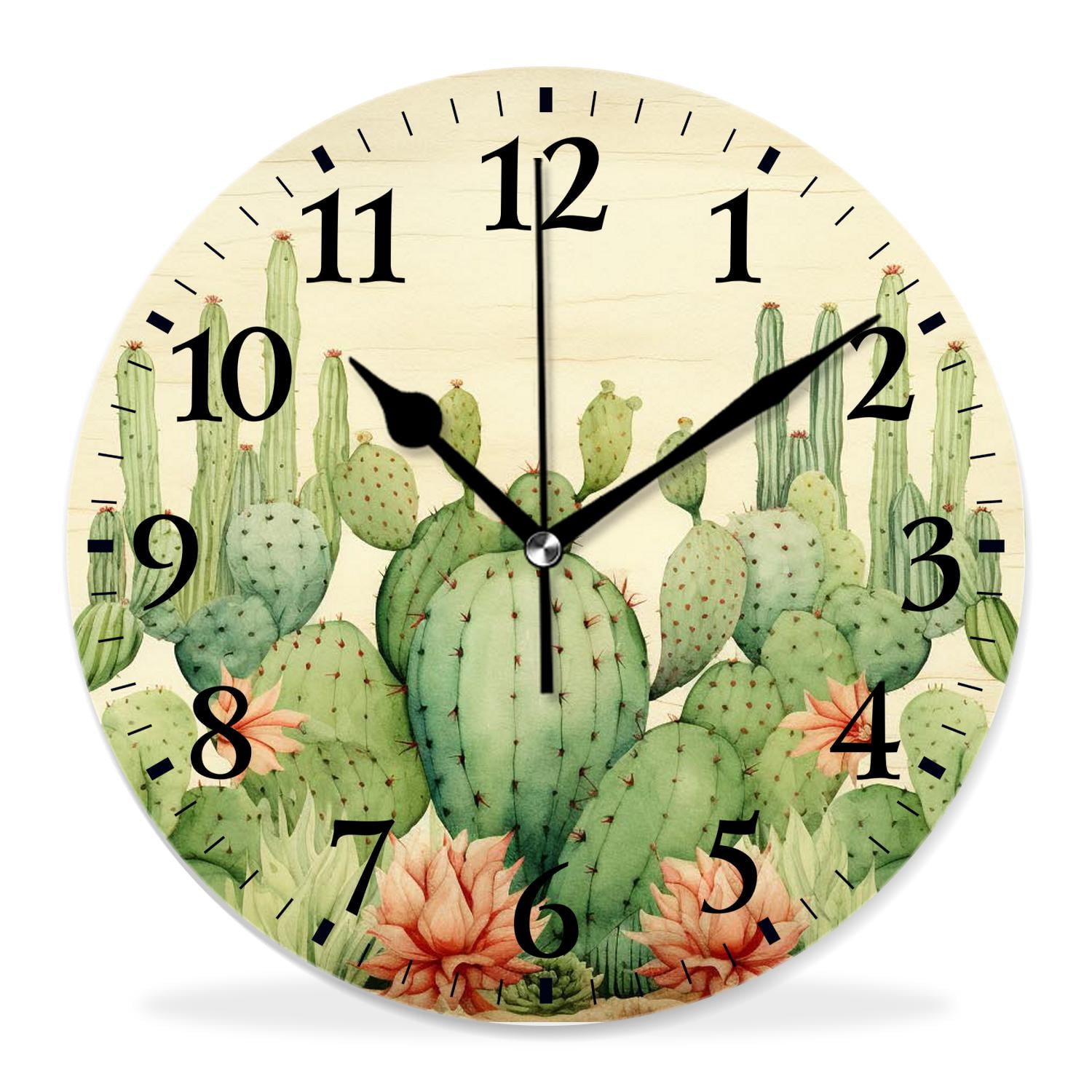 12 Inch Wall Clock Battery Operated Silent Clock Decorative for Office, Kitchen, Outdoor, Living Room,Green Mexican Texas Cactus Plants Style