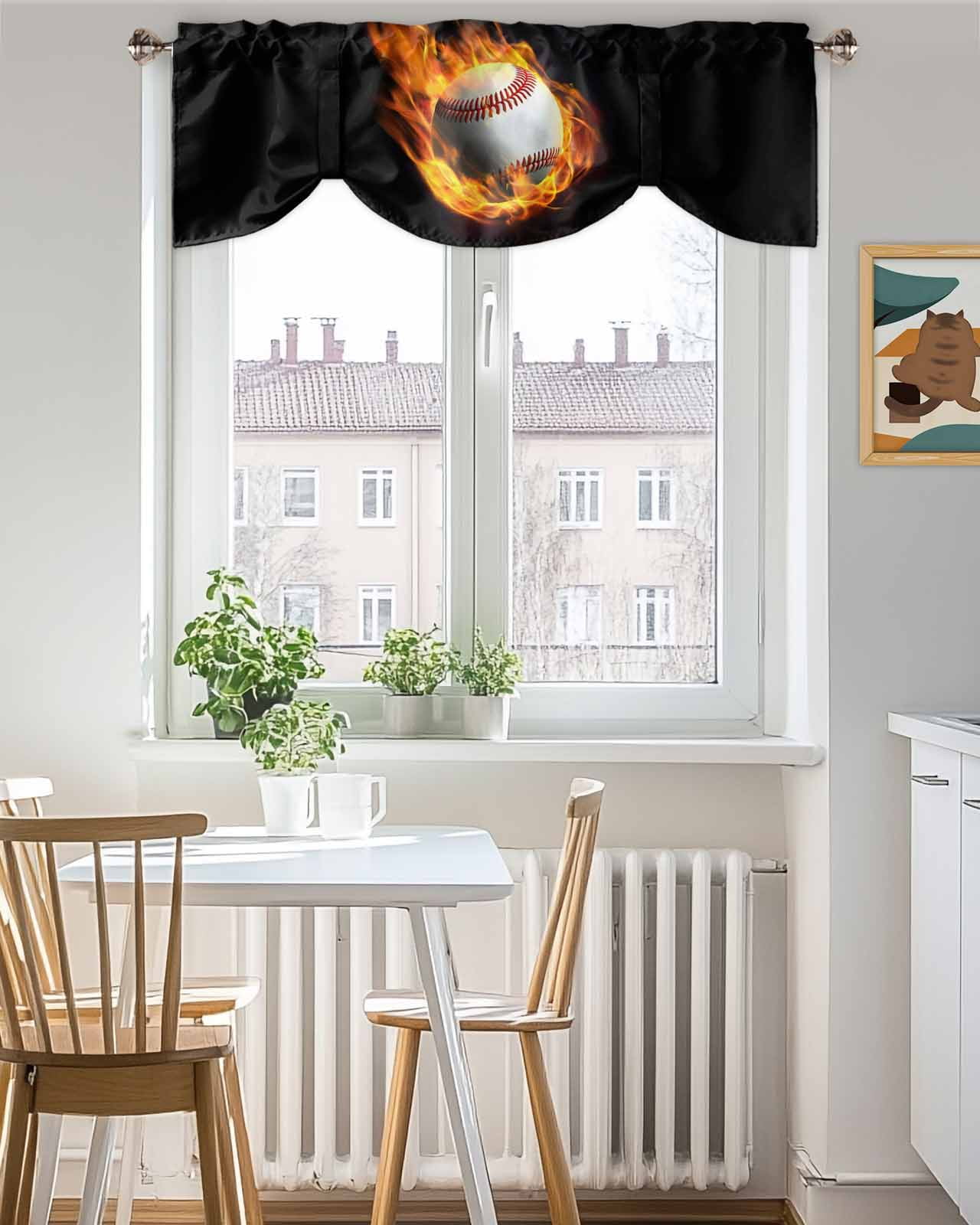 Flame Baseball Tie Up Valances Curtain, Adjustable Kitchen Sports Black Background Abstract Art Valances for Windows Decor, Rod Pocket Short Curtains Set for Bedroom/Bathroom, 54"x18"