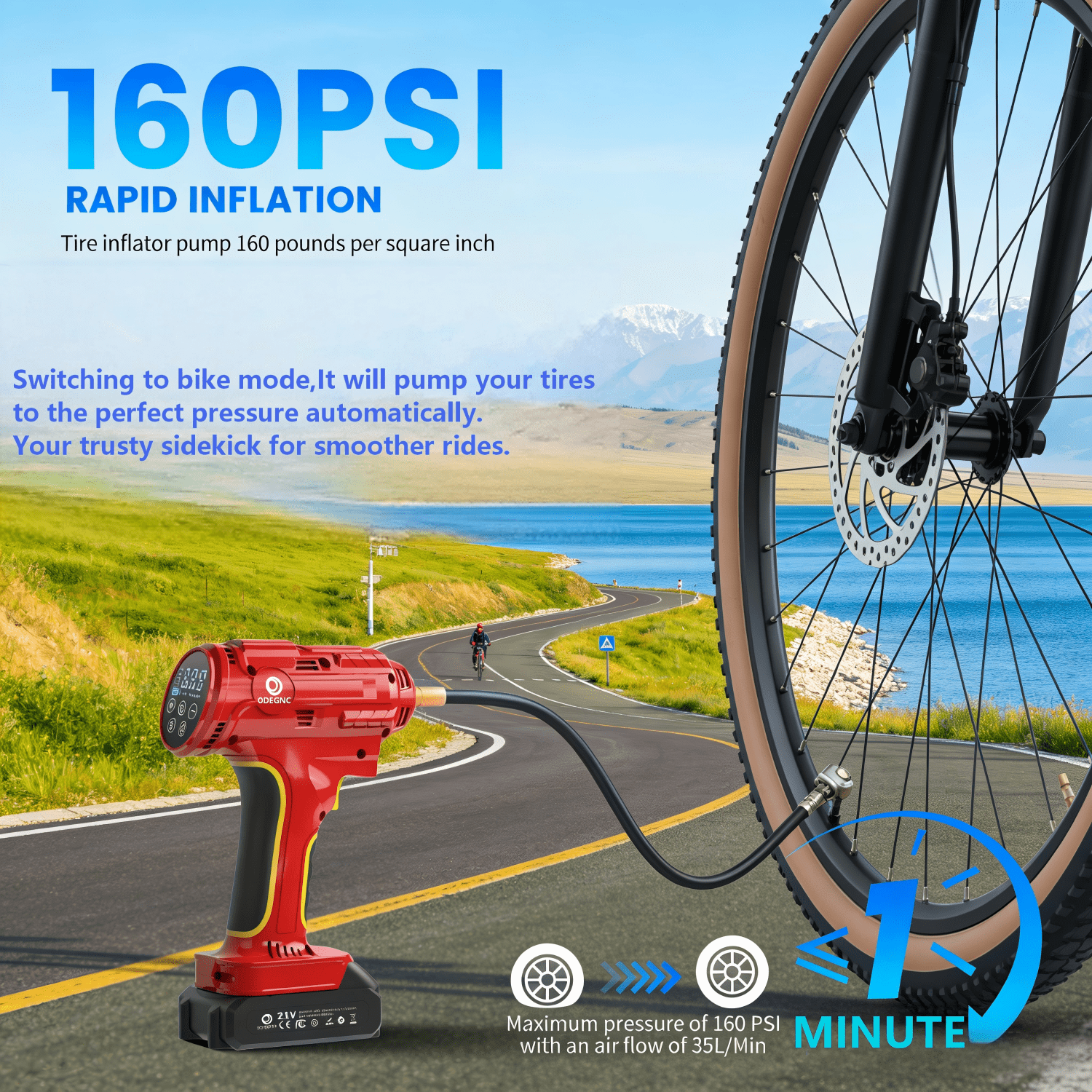 ODEGNC 10000mAh 21V 160PSI Cordless Tire Inflator Dual-Power For Car Bike Ball Portable Air Compressor LED Light
