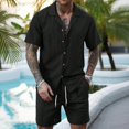thumbnail image 2 of Clossjun Men's Summer 2 Piece Beach Sets Texture Short Sleeve Button Down Knit Shirts and Shorts Vacation Outfits of Men, 2 of 5